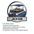 Pontoon boat cut metal sign shown with its detailed boat artwork and installation feature information