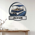 Pontoon boat metal wall sign displayed on a light wood-paneled wall above a console table