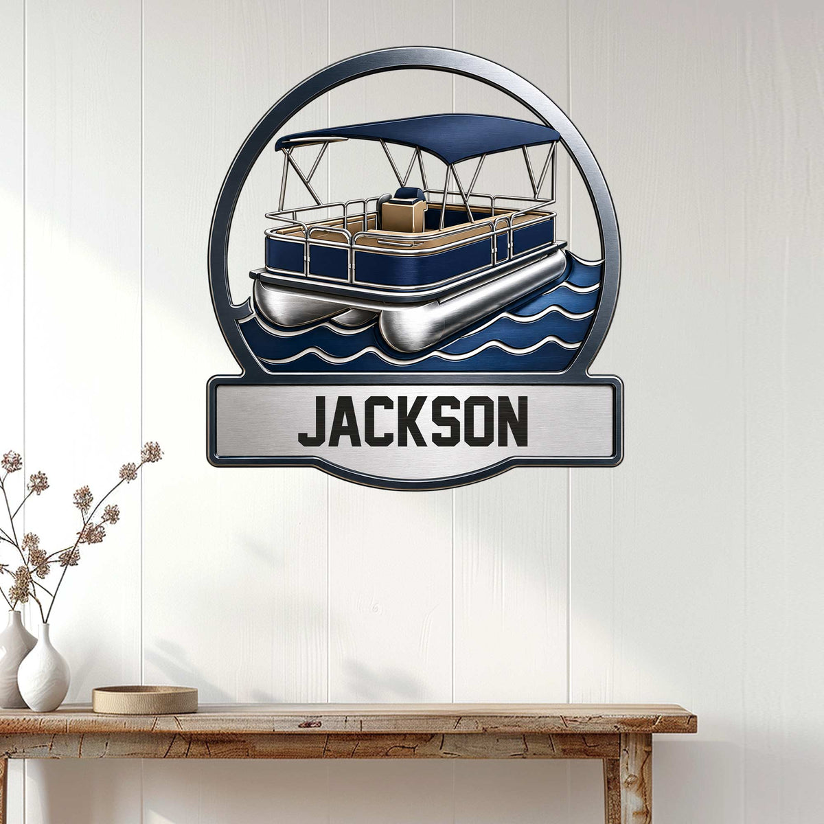 Pontoon boat metal wall sign displayed on a light wood-paneled wall above a console table