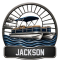 Custom pontoon boat metal sign featuring a blue canopy, layered waves, and circular nautical framing