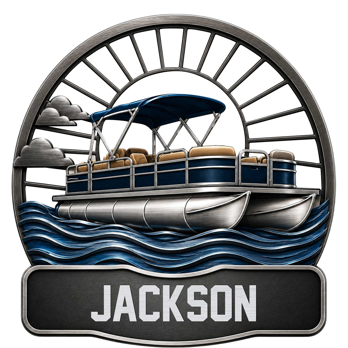 Custom pontoon boat metal sign featuring a blue canopy, layered waves, and circular nautical framing
