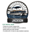 Pontoon boat metal sign feature graphic highlighting cut-metal construction and indoor or outdoor display