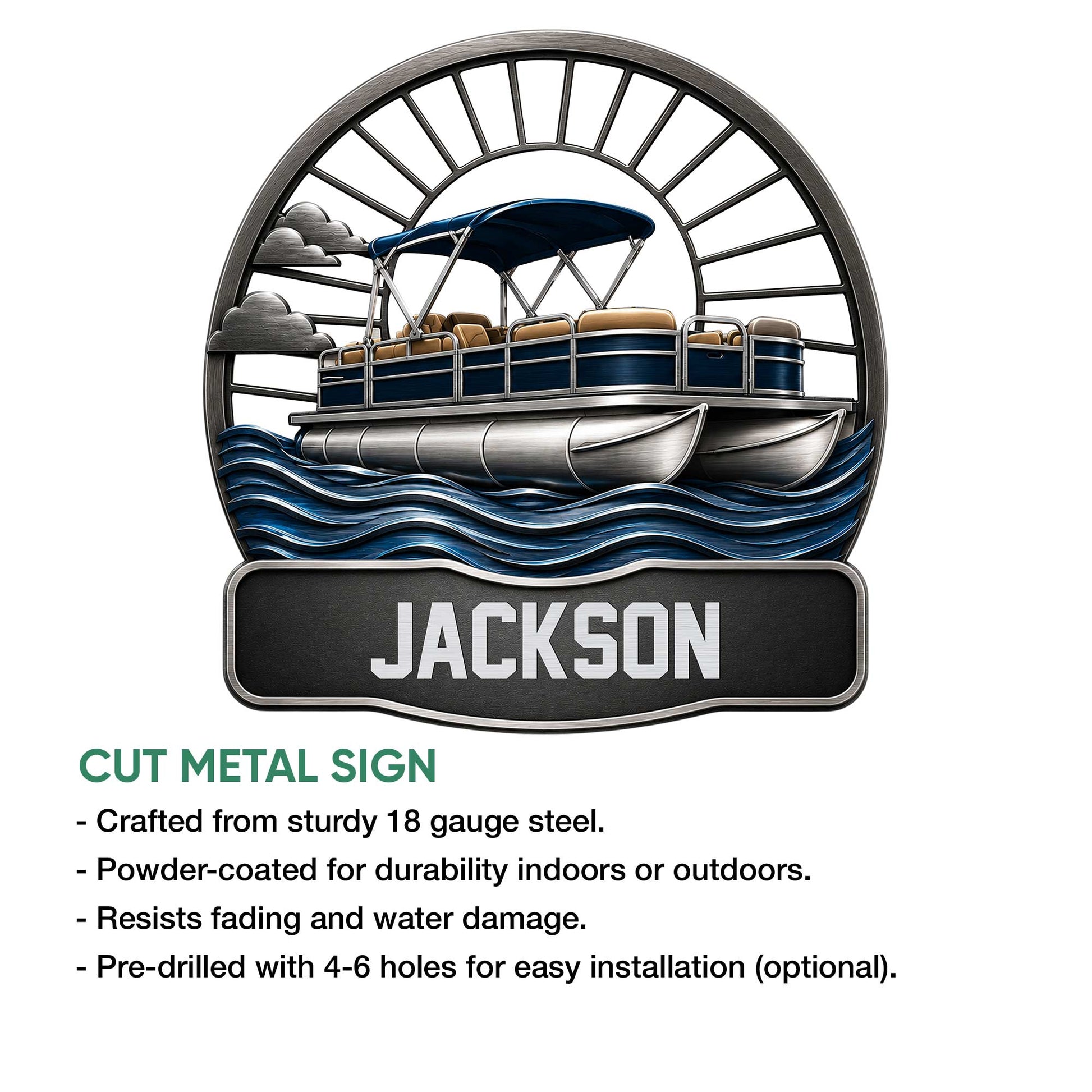Pontoon boat metal sign feature graphic highlighting cut-metal construction and indoor or outdoor display