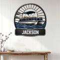 Pontoon boat wall sign displayed above a console table in a bright coastal-style home