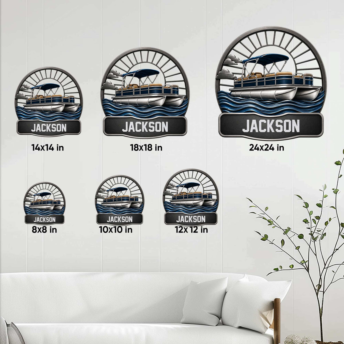 Pontoon boat metal sign size guide showing six square size options from 8x8 to 24x24 inches