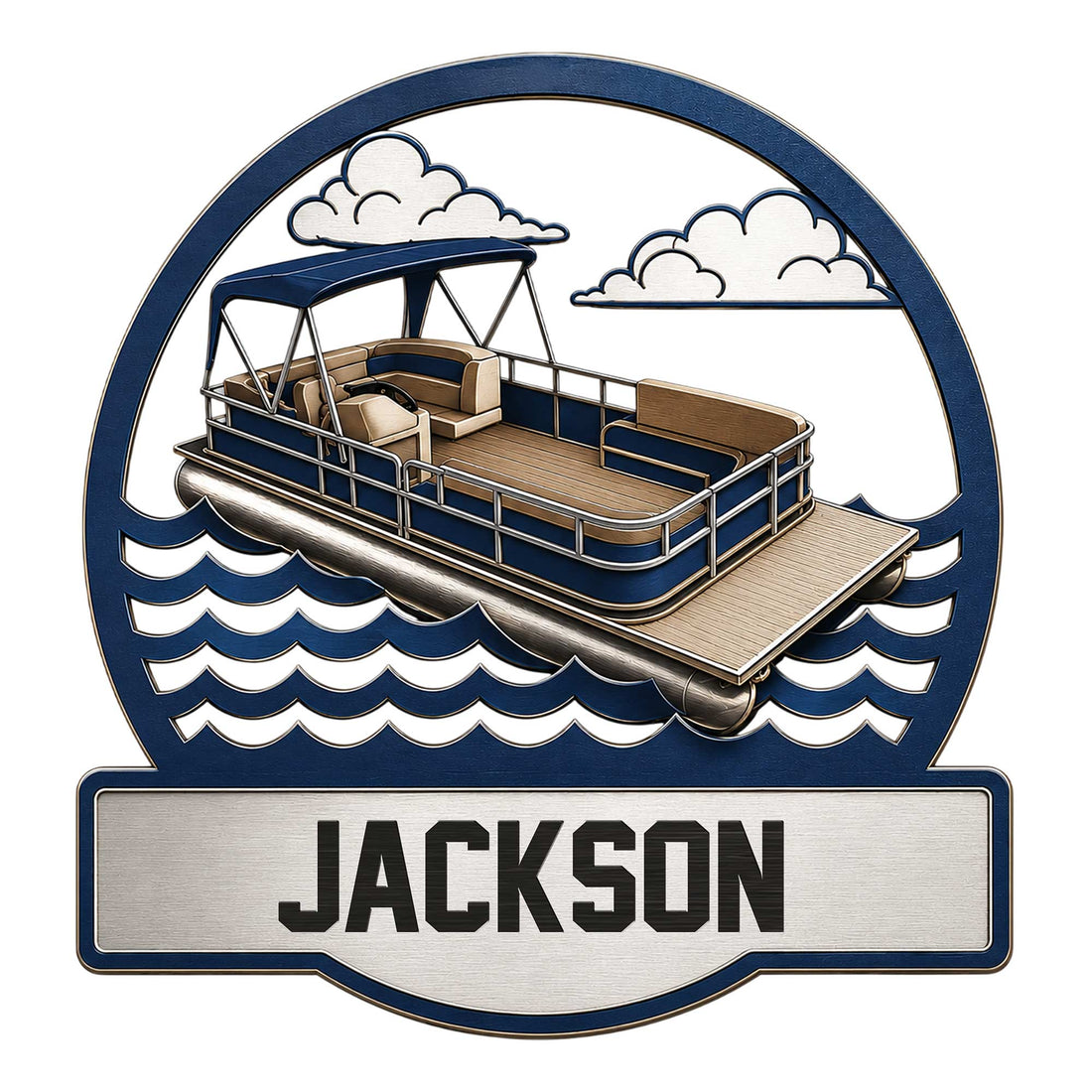 Custom pontoon boat metal sign featuring a detailed vessel on waves beneath a cloud-filled sky