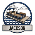 Custom pontoon boat metal sign featuring a detailed vessel on waves beneath a cloud-filled sky
