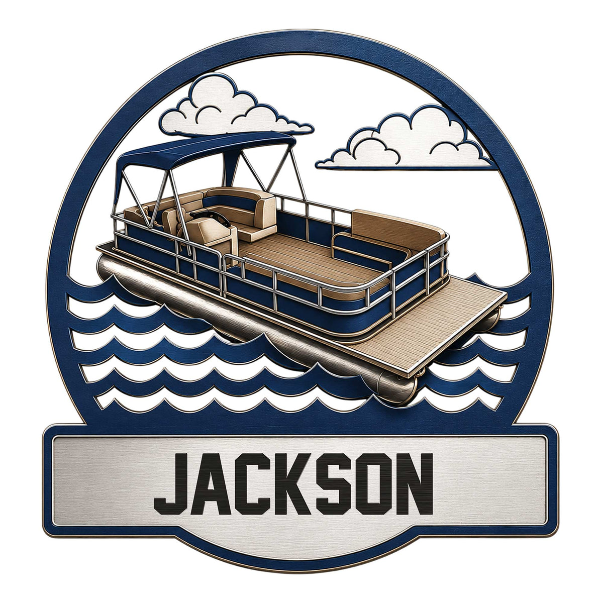 Custom pontoon boat metal sign featuring a detailed vessel on waves beneath a cloud-filled sky