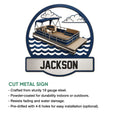 Cut metal pontoon boat sign with a circular wave design and bold nautical artwork