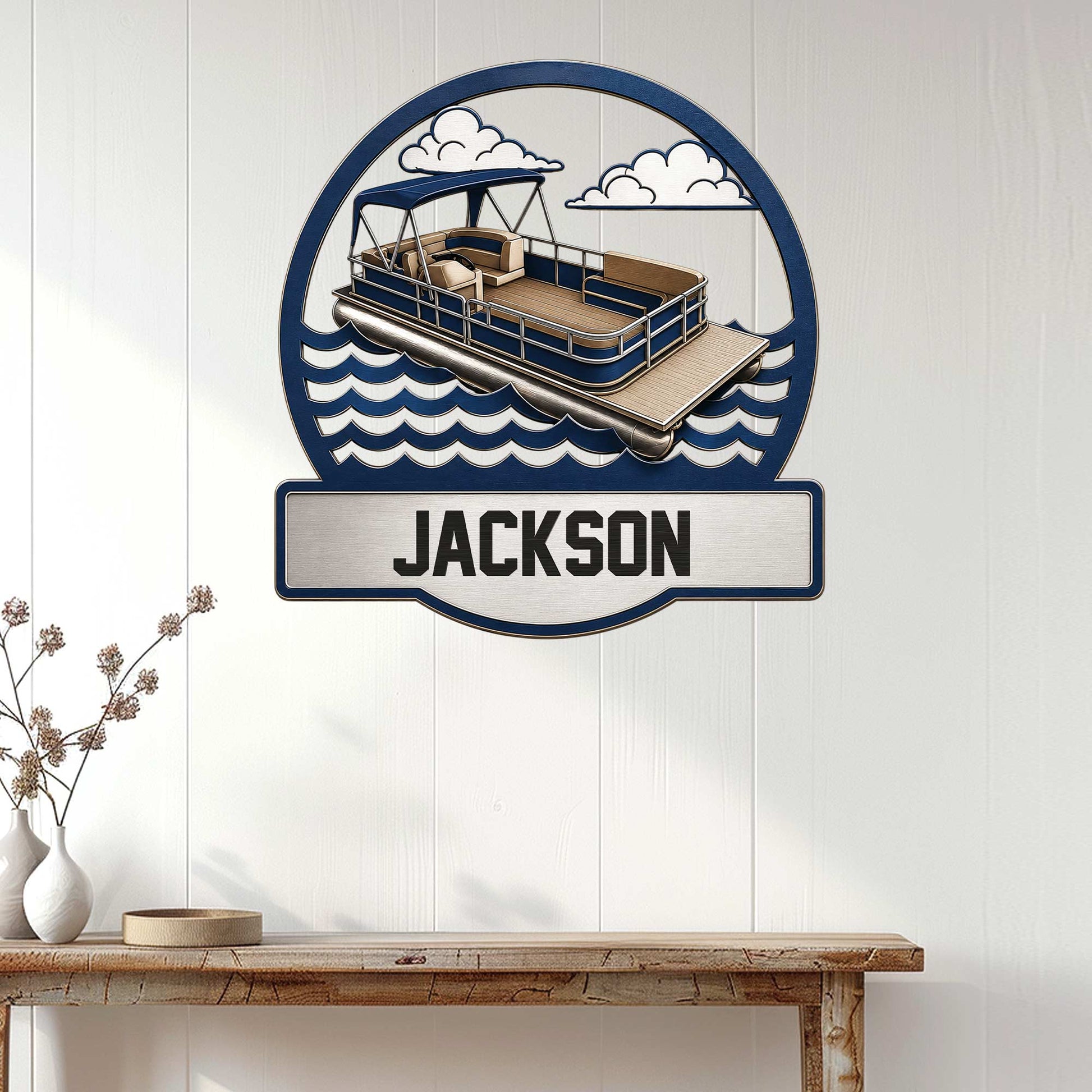 Pontoon boat wall sign displayed on white paneling above a rustic console table