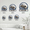 Pontoon boat metal sign shown in multiple size options on a bright living room wall