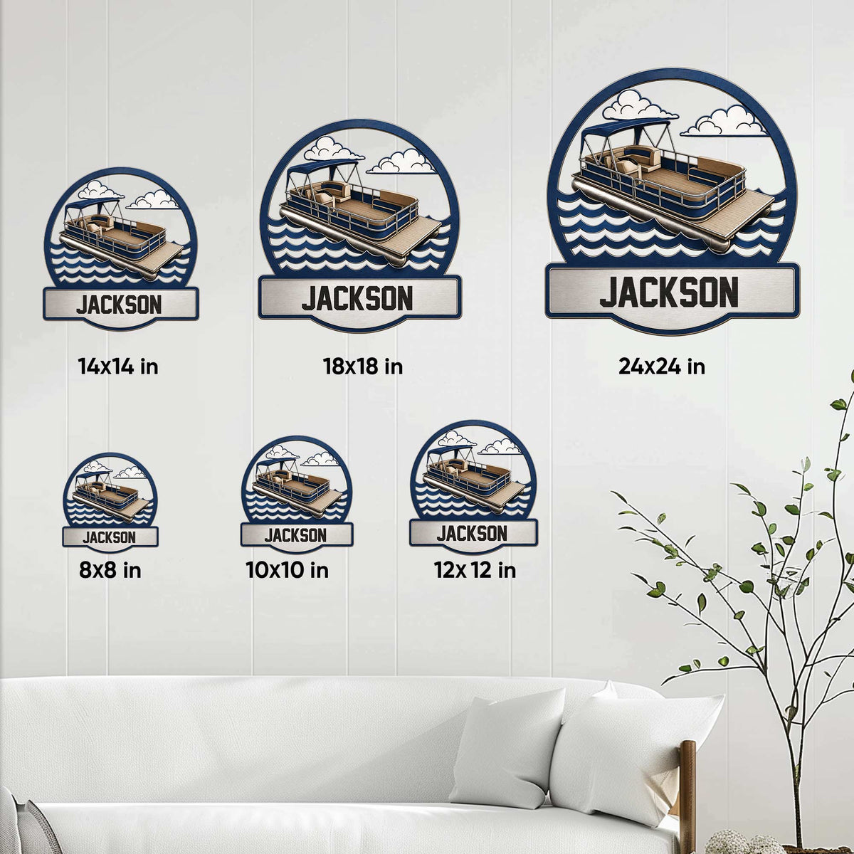 Pontoon boat metal sign shown in multiple size options on a bright living room wall
