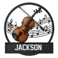 Custom violin metal sign featuring a realistic violin, bow, musical notes, and a bold circular frame