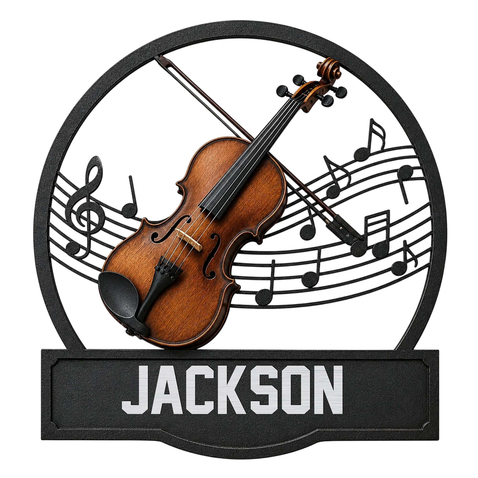 Custom violin metal sign featuring a realistic violin, bow, musical notes, and a bold circular frame