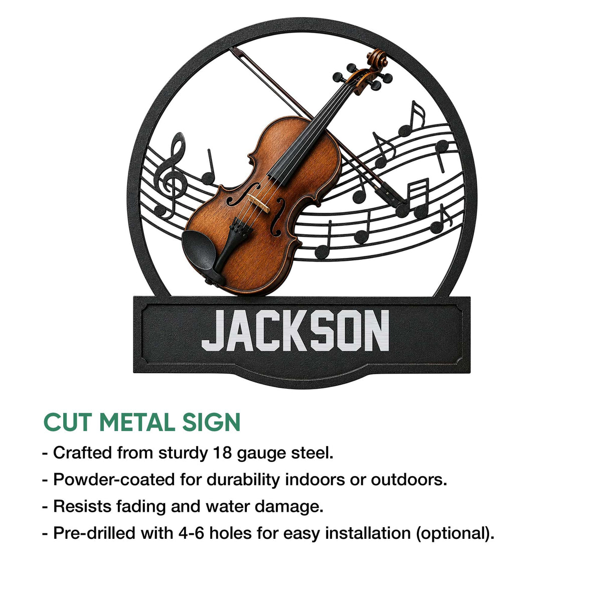 Violin metal sign feature graphic showing the musical instrument design and cut metal sign presentation