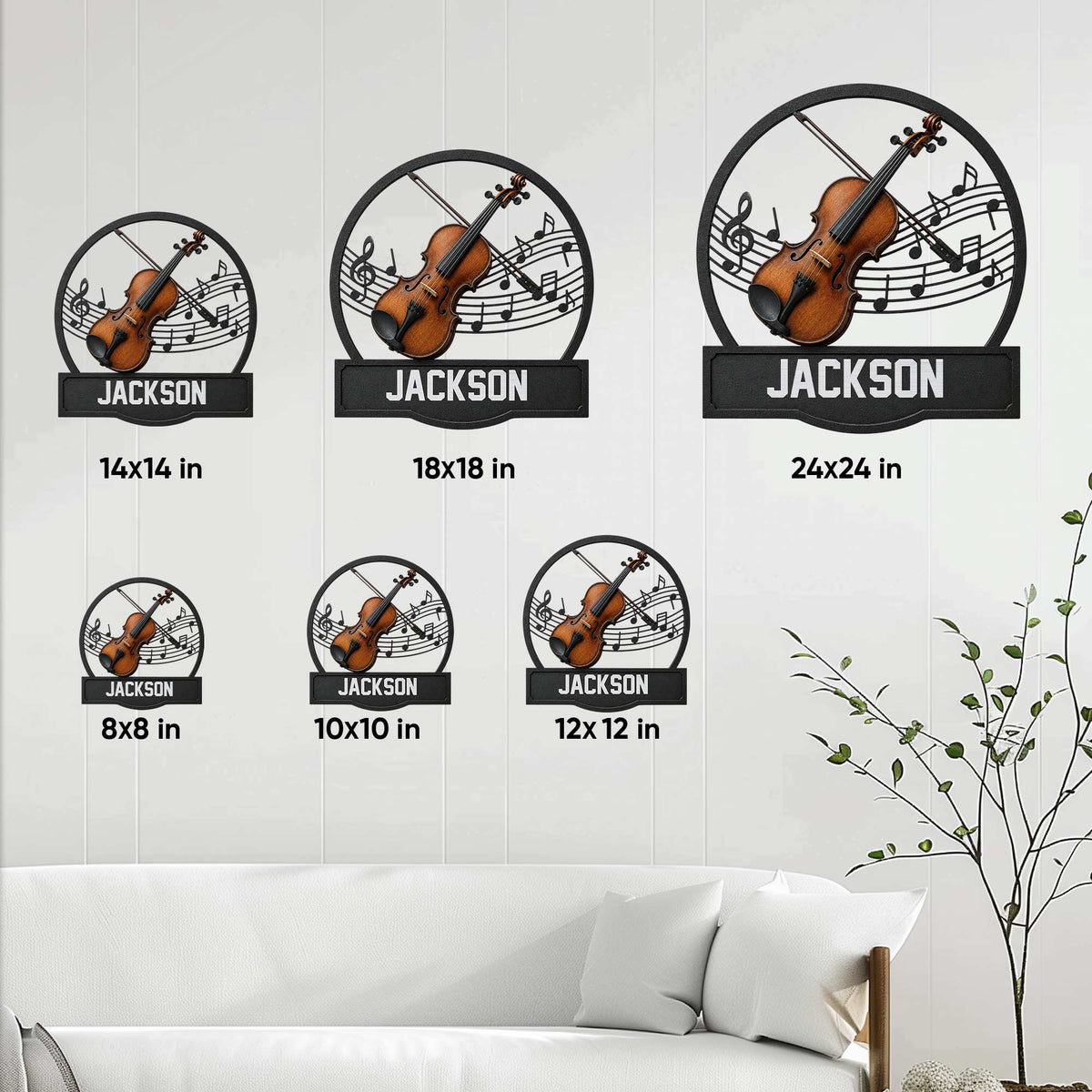 Violin metal sign size guide showing six square size options from 8 by 8 to 24 by 24 inches