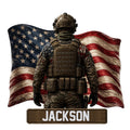 Custom military metal sign featuring a back-facing soldier in tactical gear before a distressed American flag