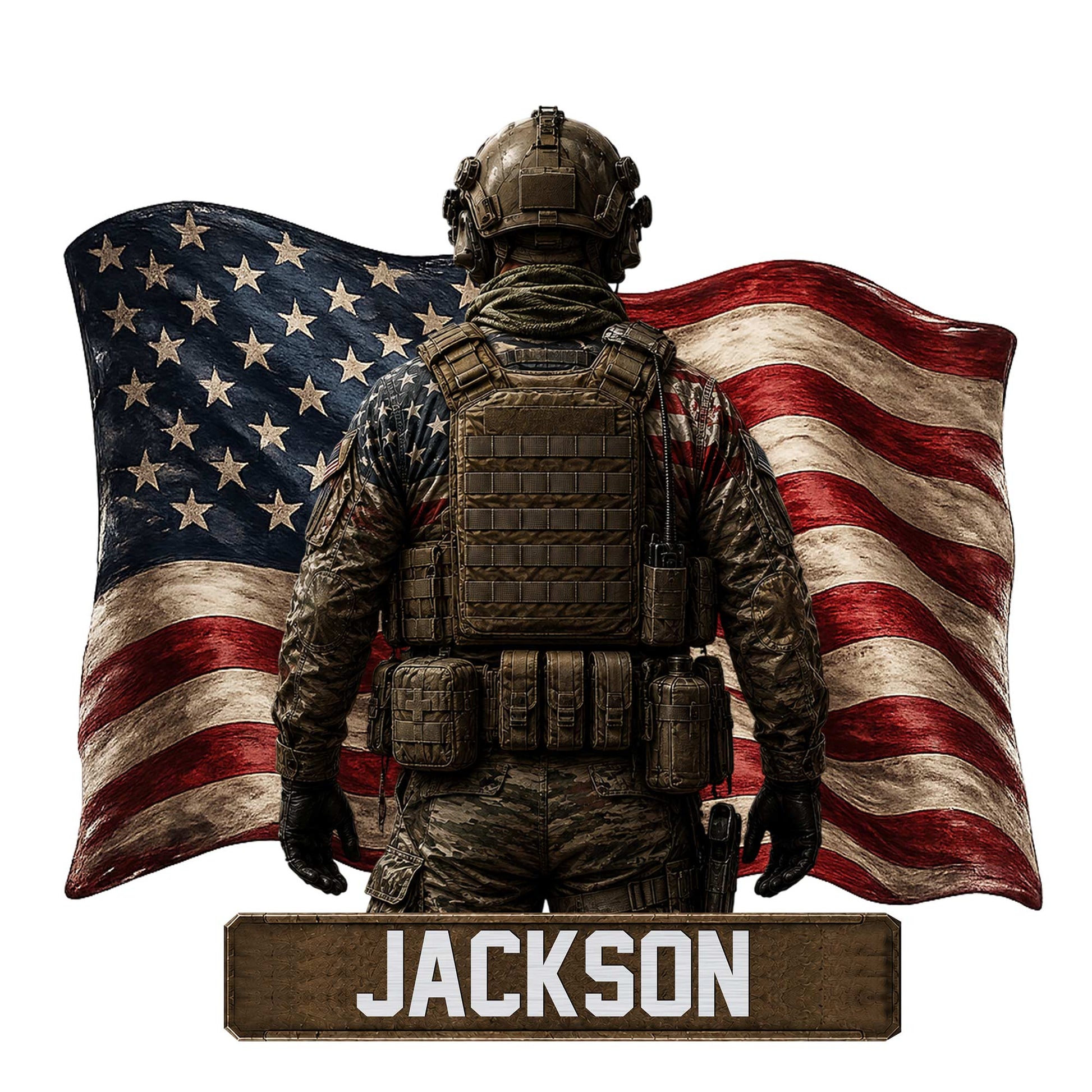 Custom military metal sign featuring a back-facing soldier in tactical gear before a distressed American flag