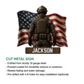 Military metal sign product graphic showing a tactical soldier and American flag design with cut-metal sign details