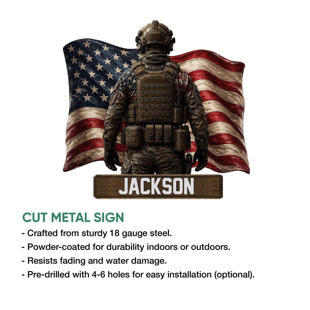 Military metal sign product graphic showing a tactical soldier and American flag design with cut-metal sign details