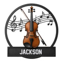Violin and bow metal sign framed by musical notes and a treble clef in a round design