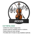 Violin metal sign feature graphic showing the round musical note design and cut metal construction