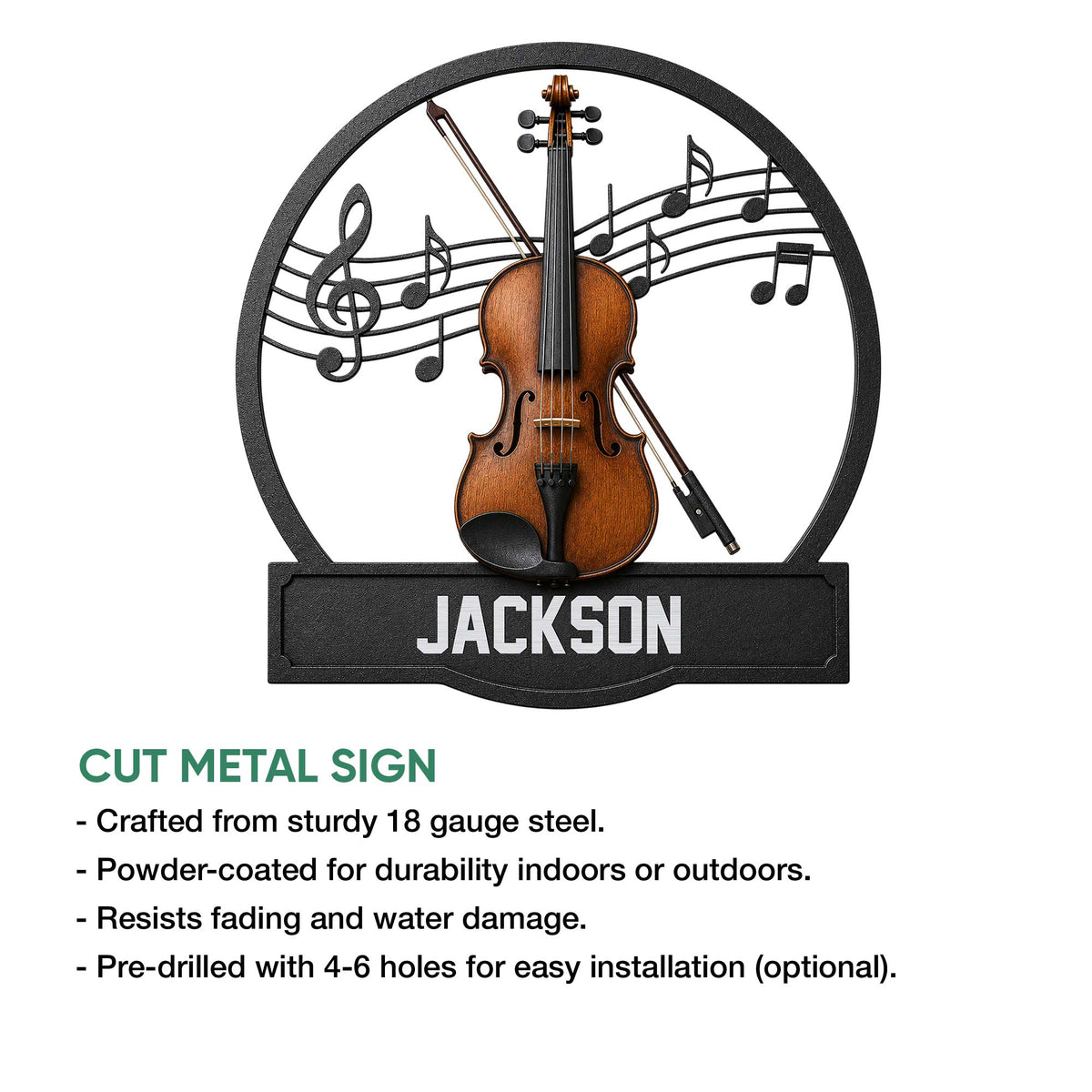 Violin metal sign feature graphic showing the round musical note design and cut metal construction