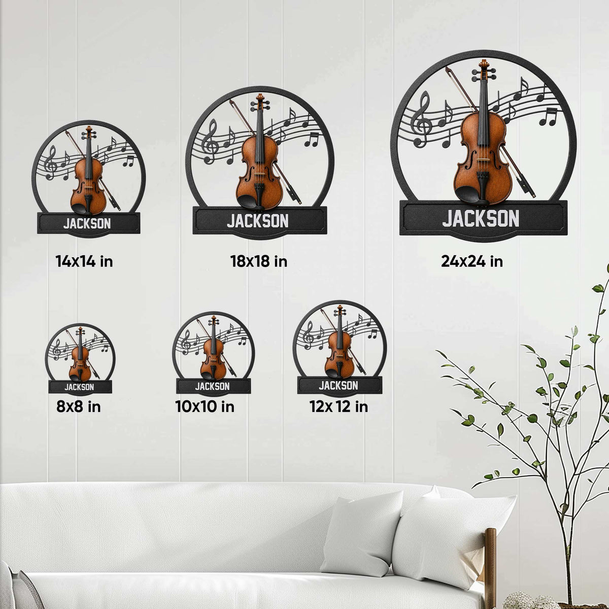 Violin metal sign size guide showing six available square size options in a room setting