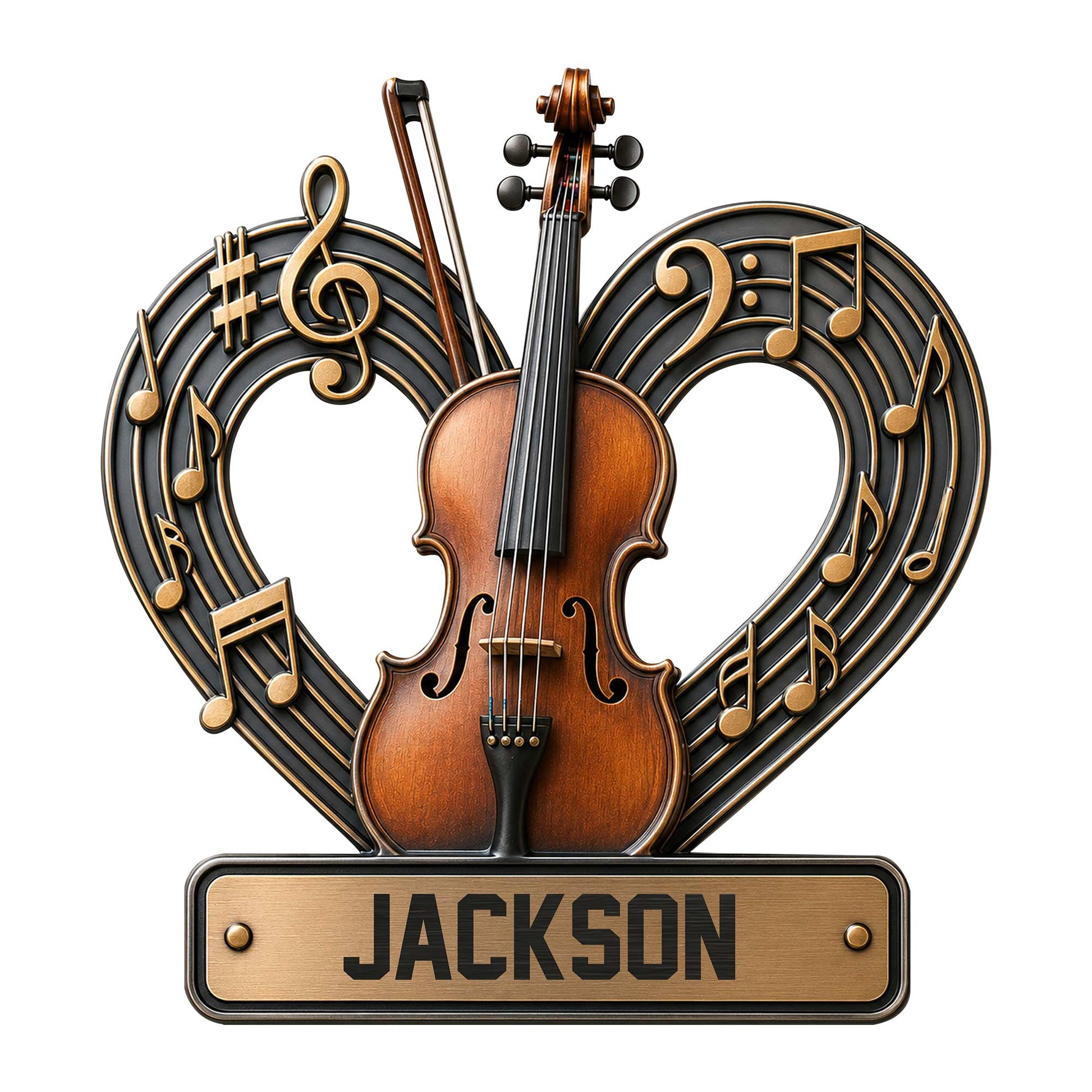 Custom violin metal sign with a central violin, heart-shaped musical notes, and bronze-toned decorative details