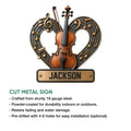 Violin metal sign shown in a product feature graphic highlighting its cut-steel construction and hanging design