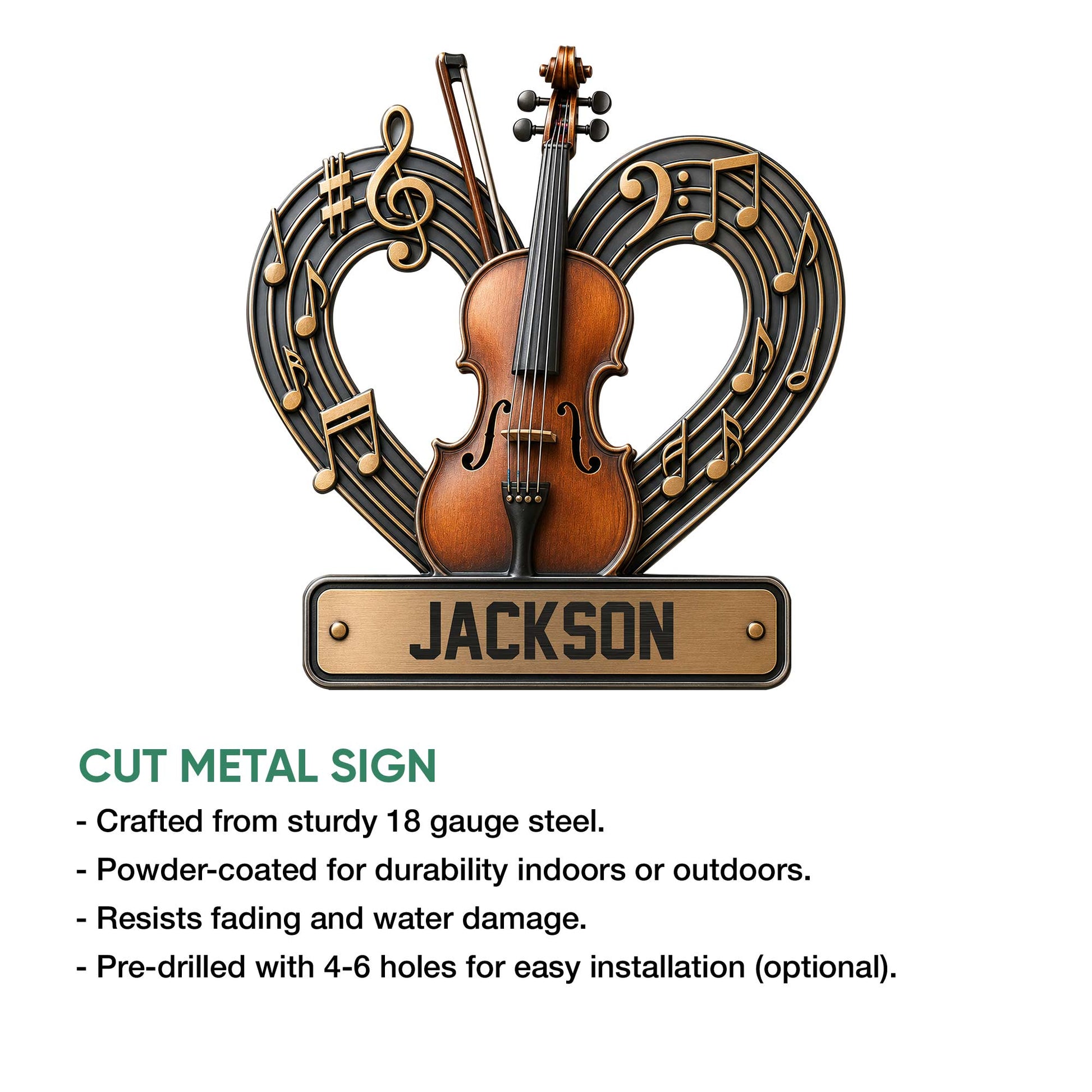Violin metal sign shown in a product feature graphic highlighting its cut-steel construction and hanging design