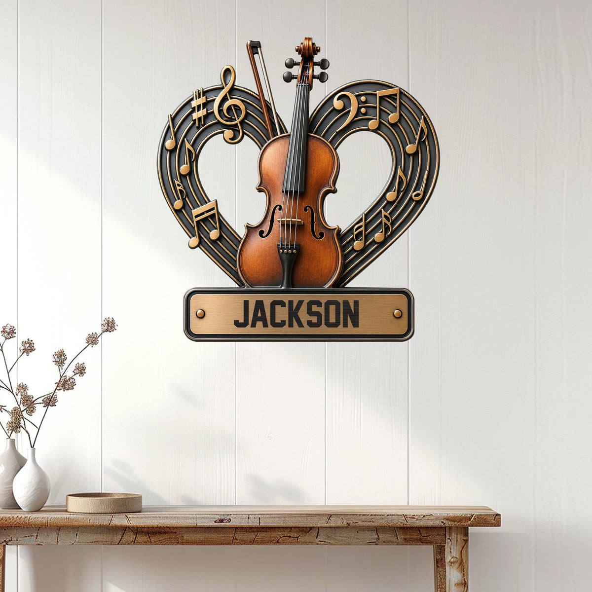 Custom violin wall sign displayed on white wood paneling above a rustic console table