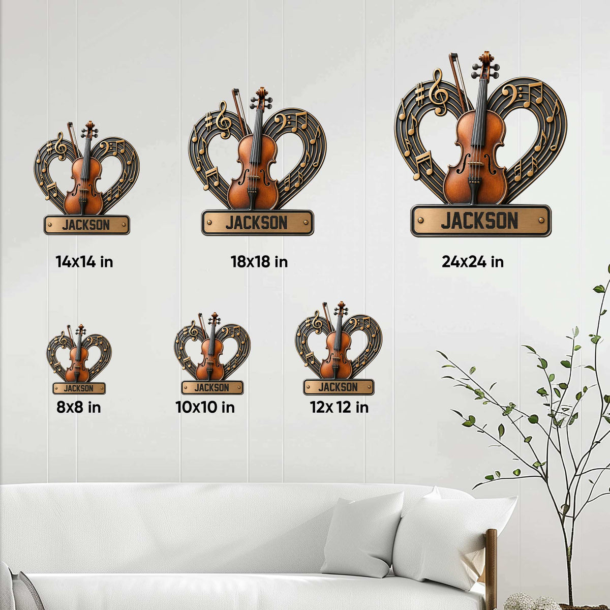 Violin metal sign size guide showing available square dimensions from 8 by 8 to 24 by 24 inches