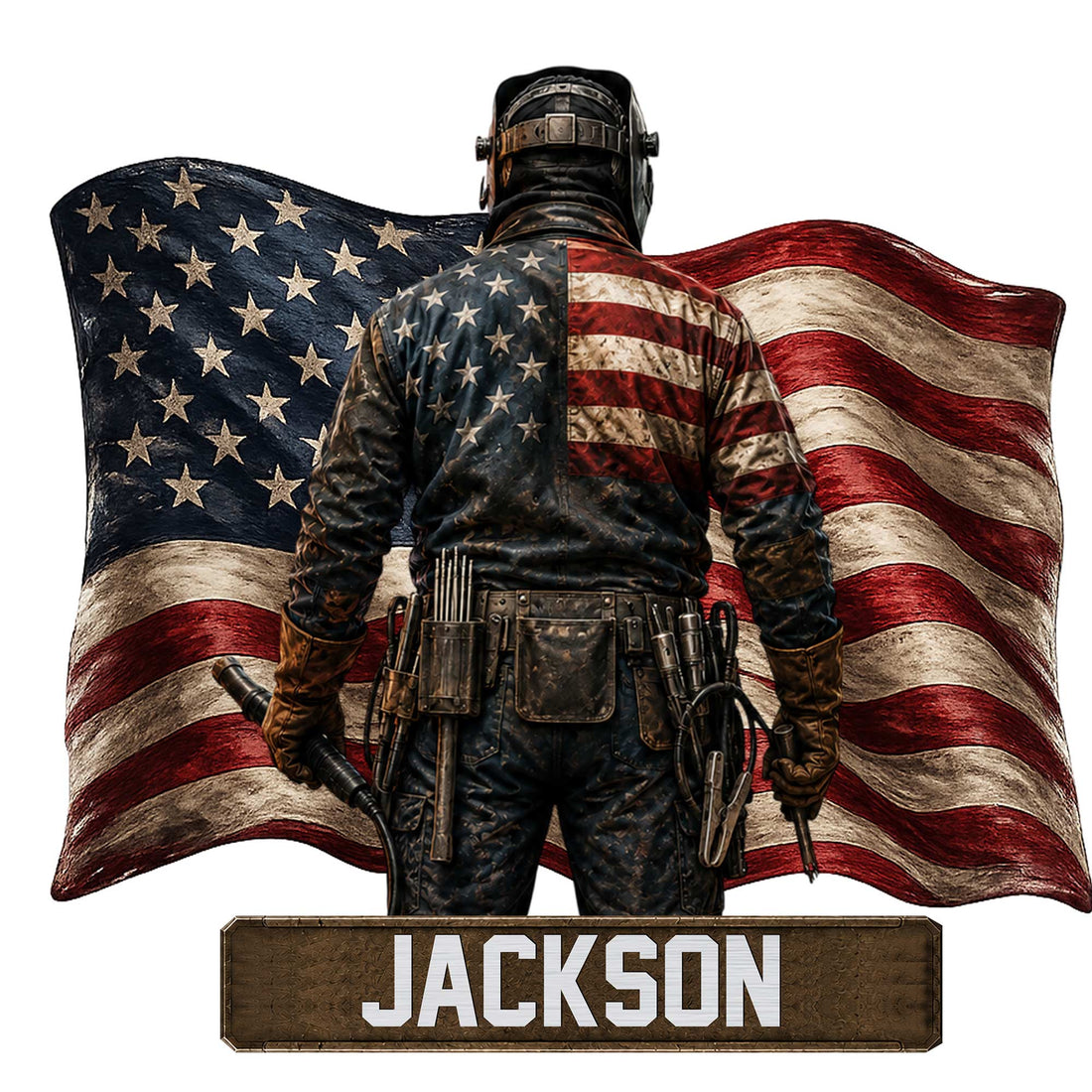Custom welder metal sign featuring a helmeted tradesperson in front of a weathered American flag