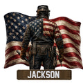 Custom welder metal sign featuring a helmeted tradesperson in front of a weathered American flag