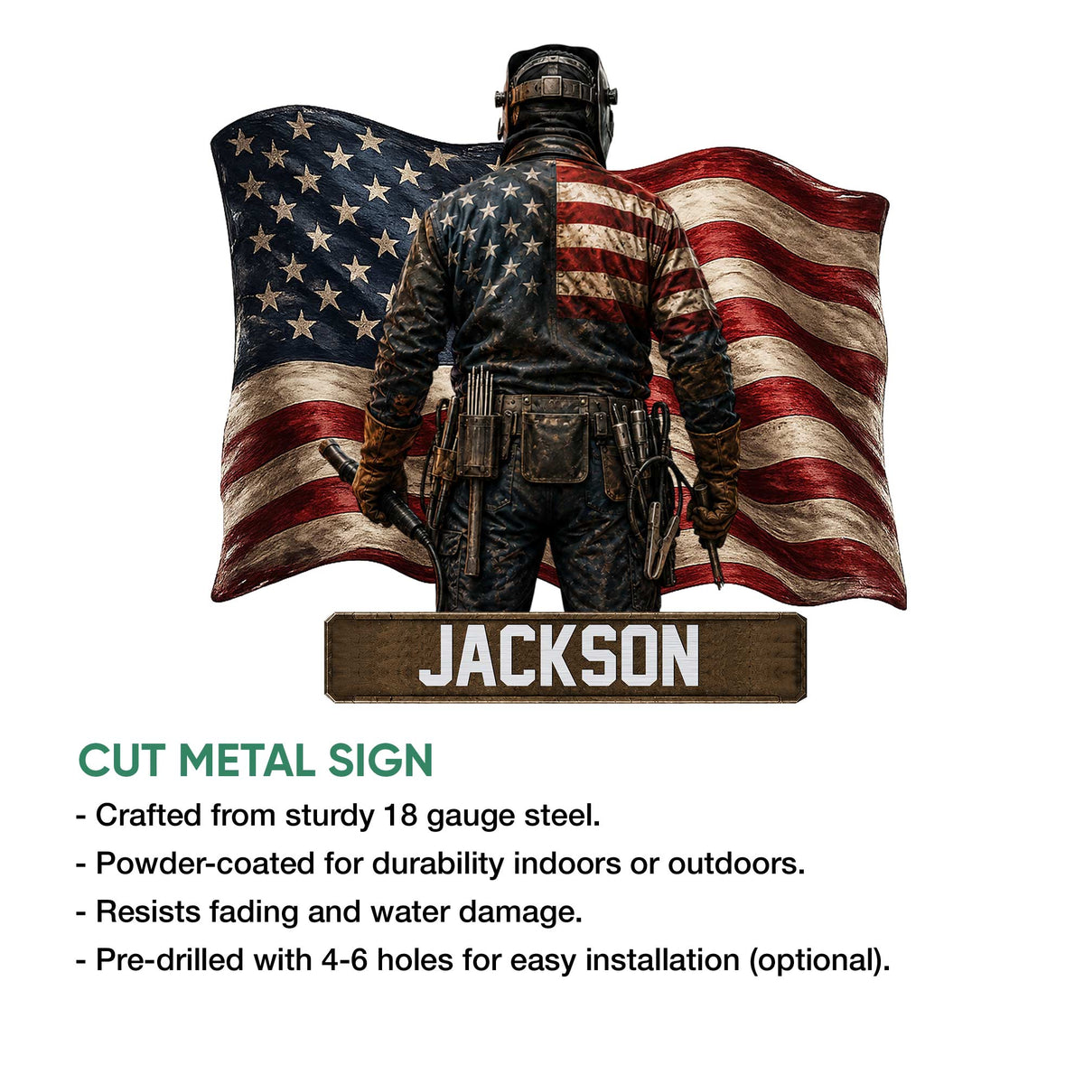 Welder metal sign feature graphic showing the patriotic design and cut metal sign presentation