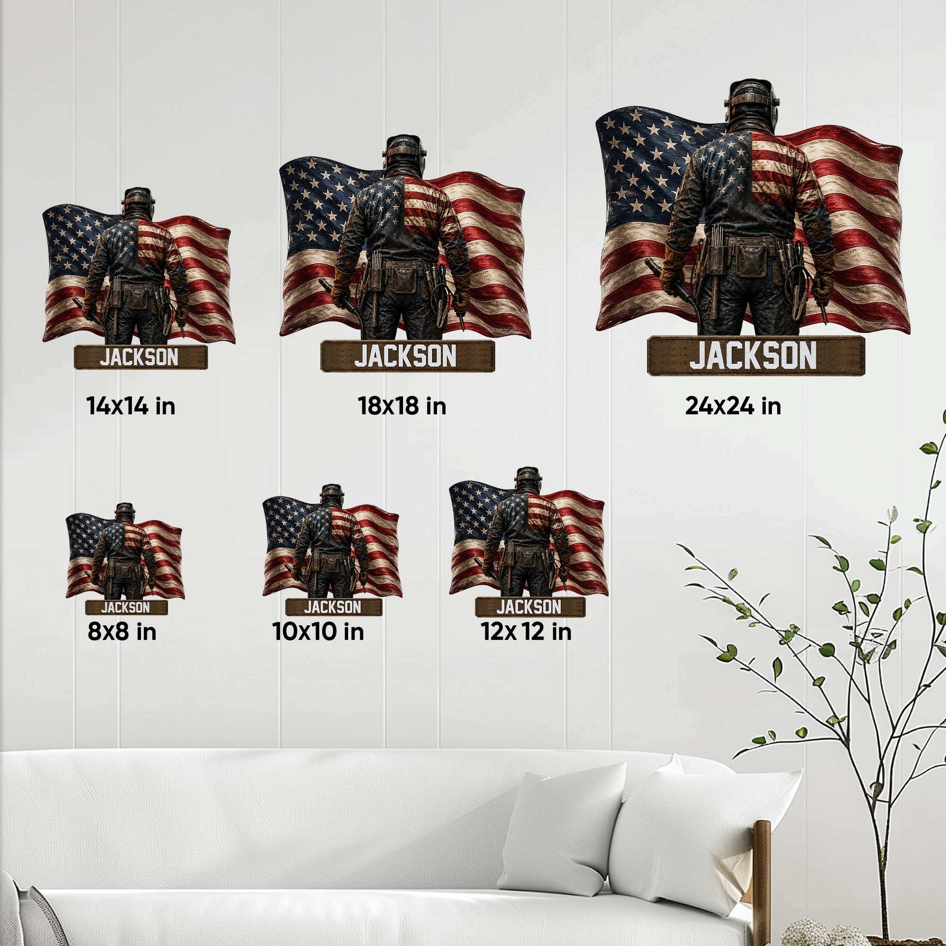 Welder metal sign size guide showing available square sizes from 8 by 8 to 24 by 24 inches