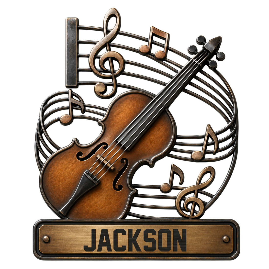 Custom violin metal sign featuring a warm wood-toned violin surrounded by musical notes and staff lines