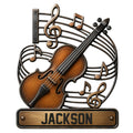 Custom violin metal sign featuring a warm wood-toned violin surrounded by musical notes and staff lines