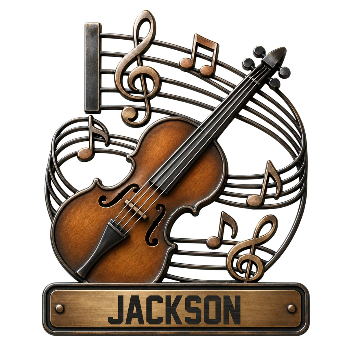 Custom violin metal sign featuring a warm wood-toned violin surrounded by musical notes and staff lines