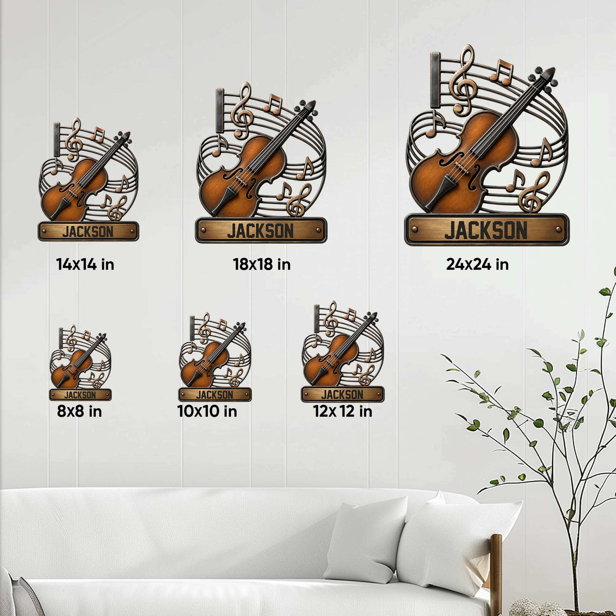 Violin metal sign size guide showing 8, 10, 12, 14, 18, and 24 inch square options