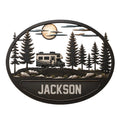 Custom RV camping metal sign featuring a camper beneath pine trees, moonlit clouds, and a mountain landscape