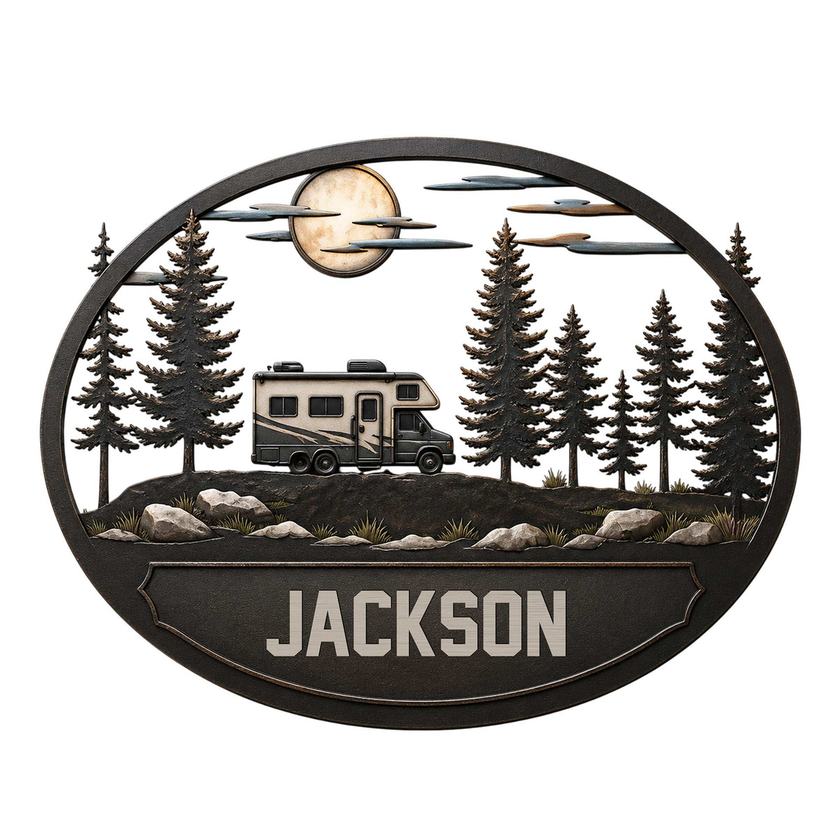 Custom RV camping metal sign featuring a camper beneath pine trees, moonlit clouds, and a mountain landscape