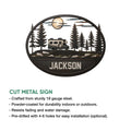RV camping metal sign shown with a forest camper scene and an accompanying cut metal sign feature guide