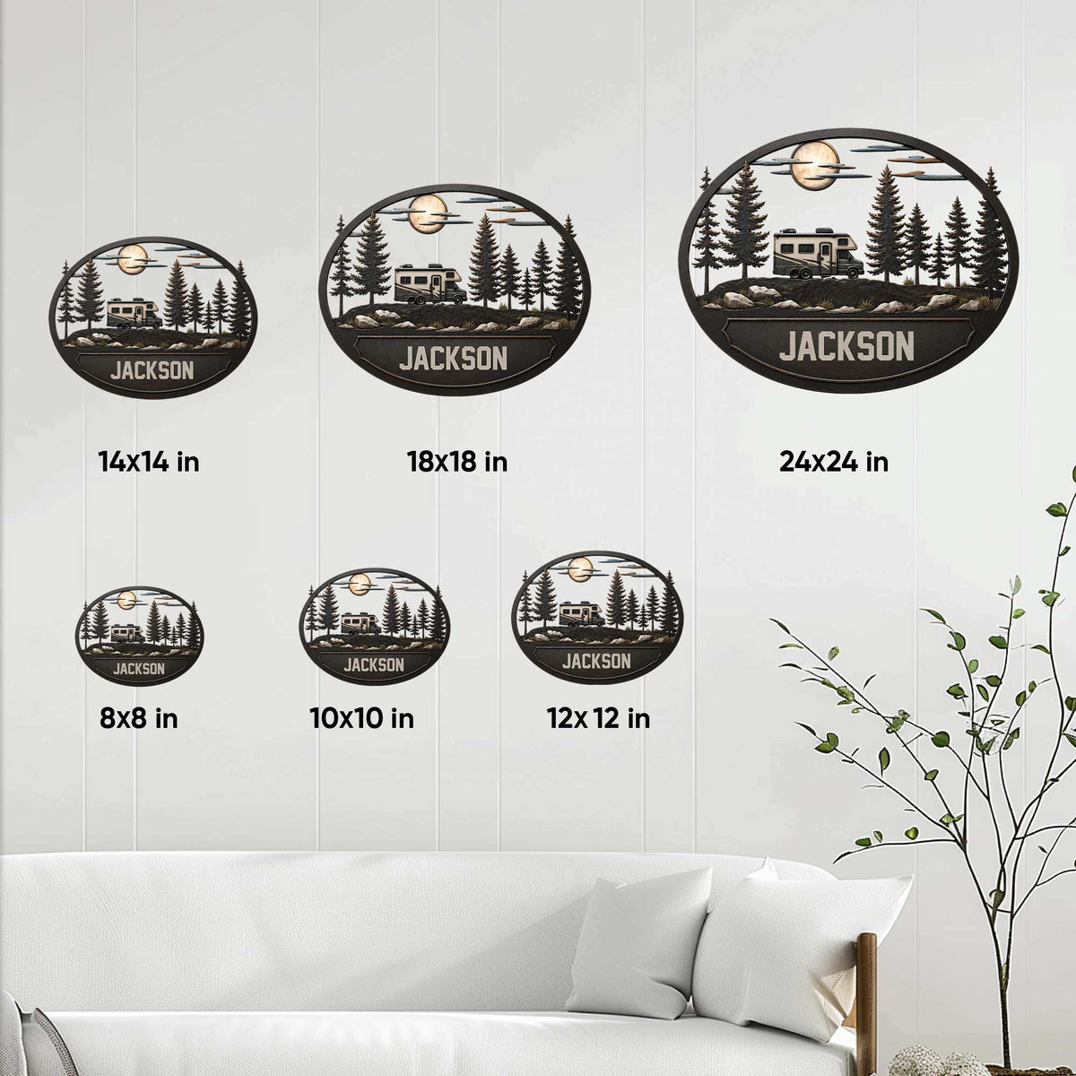 RV camping metal sign size guide showing available dimensions from 8x8 inches to 24x24 inches