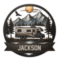 Custom RV camping metal sign featuring a motorhome, mountain landscape, pine trees, eagle, and lake scene