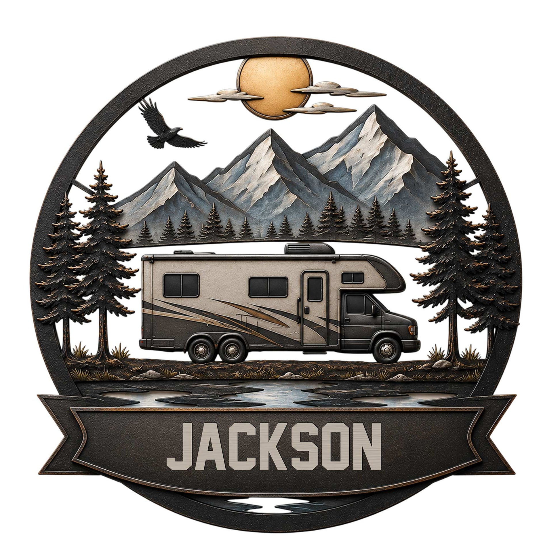 Custom RV camping metal sign featuring a motorhome, mountain landscape, pine trees, eagle, and lake scene