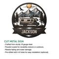 RV camping metal sign shown with a mountain motorhome design and cut metal sign feature details