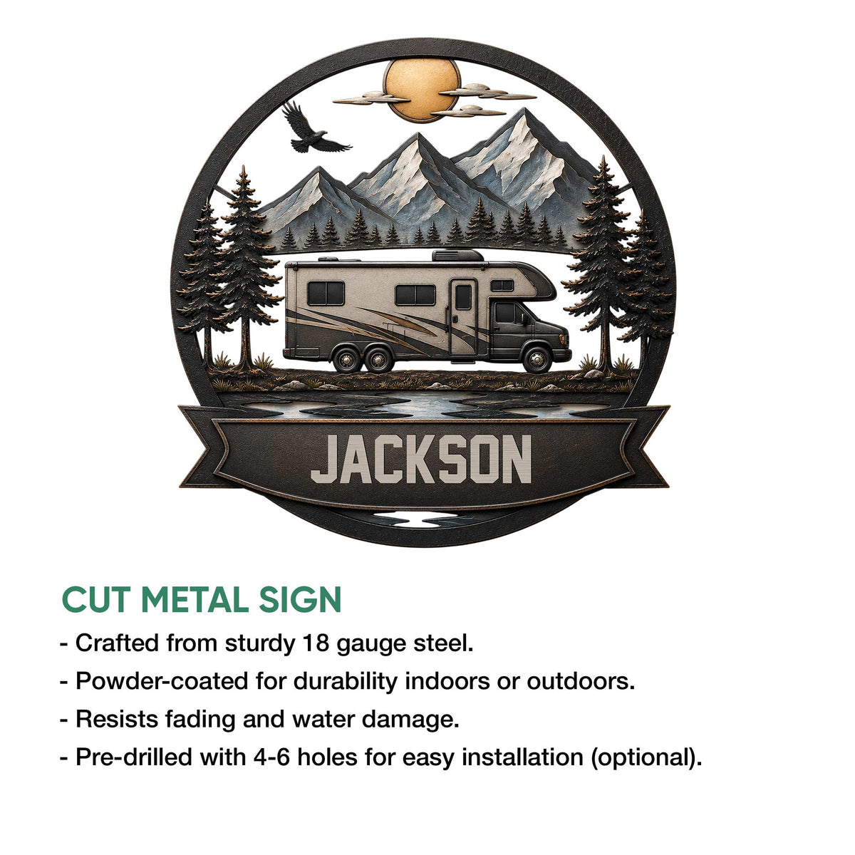 RV camping metal sign shown with a mountain motorhome design and cut metal sign feature details