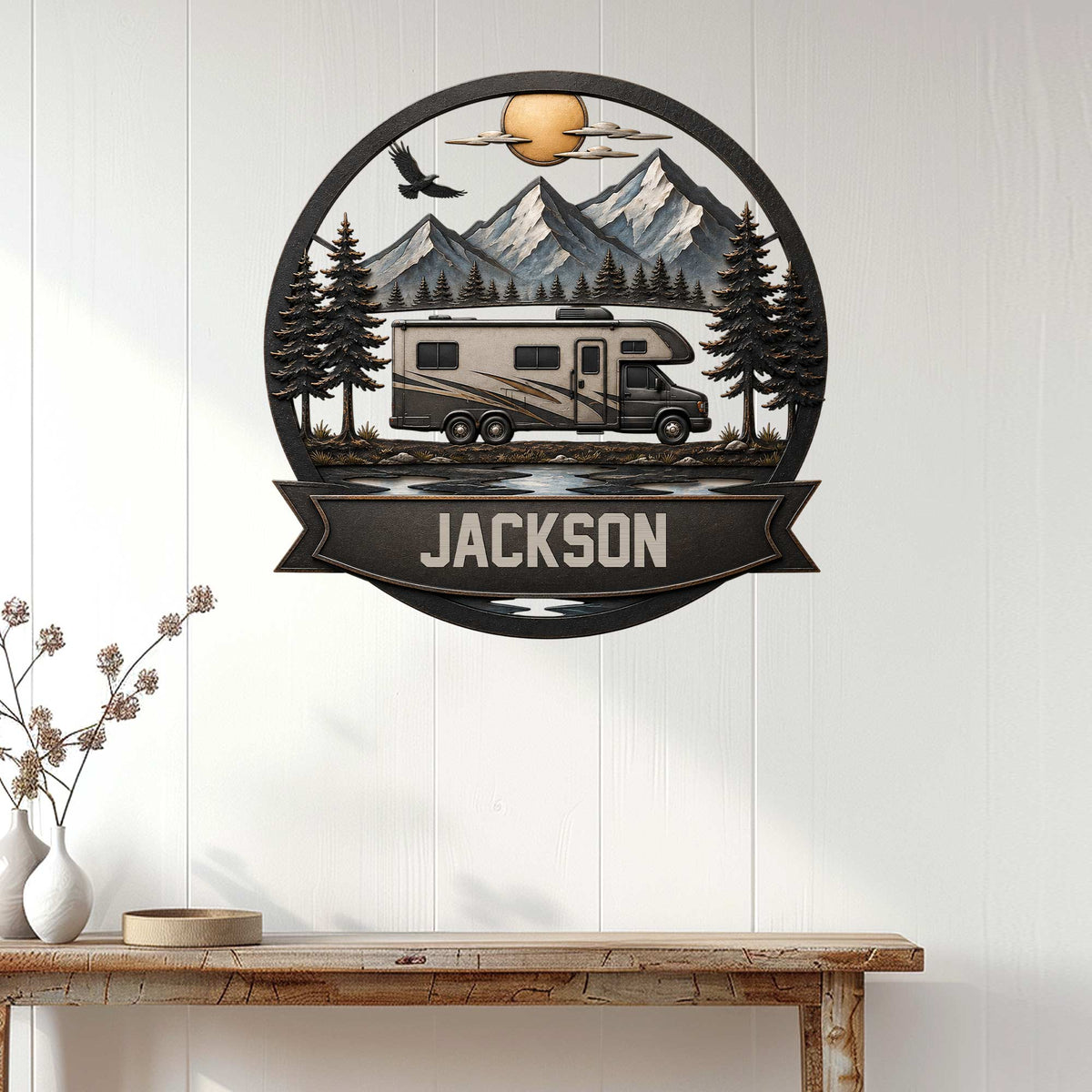 RV camping wall decor displayed above a console table, featuring a motorhome beneath mountain peaks